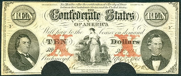 CONFEDERATE NOTE, 1861, T26, $10, Hope at center, Hunter left and 